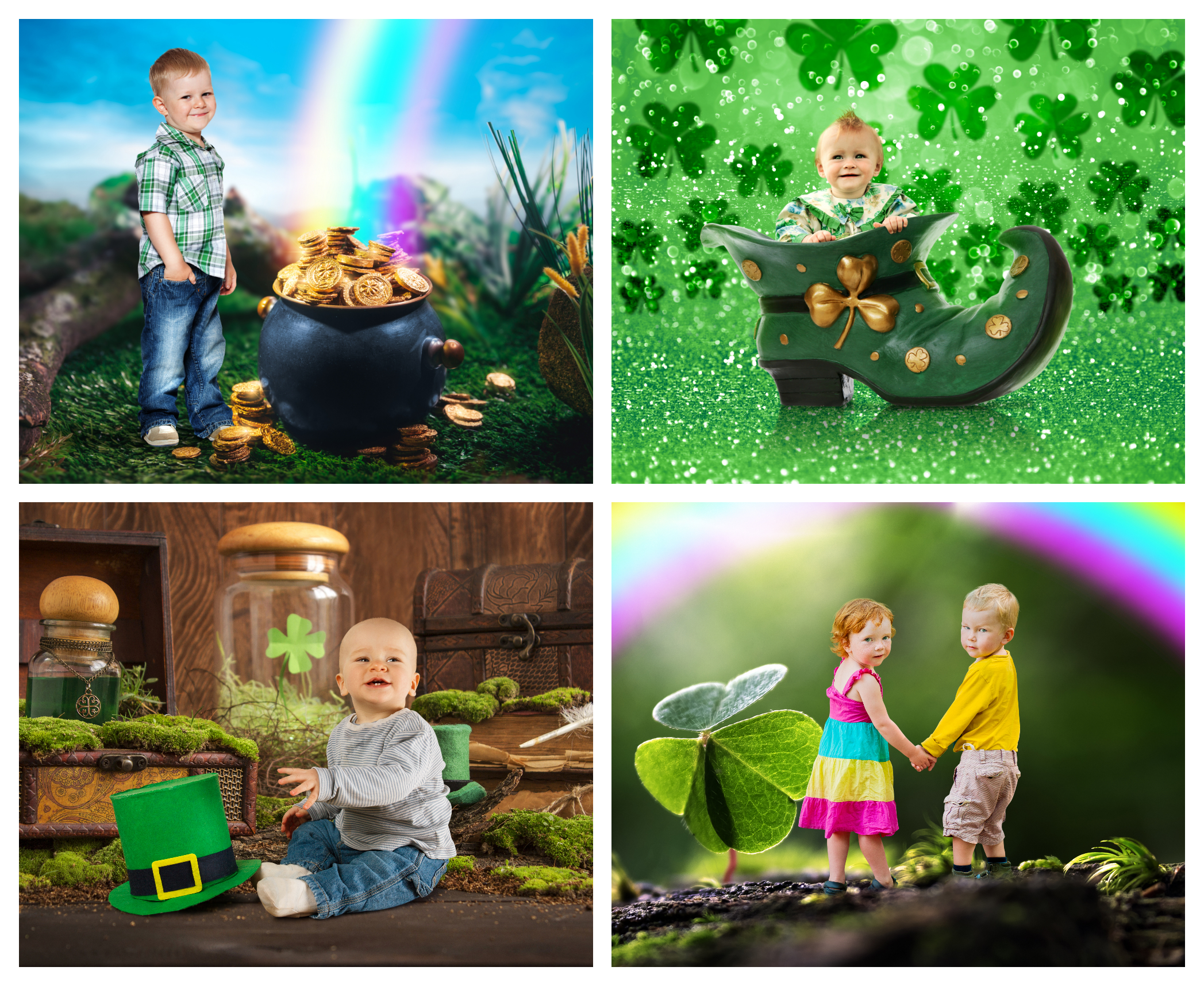 Grid of St Patrick's Day themed images with kids.