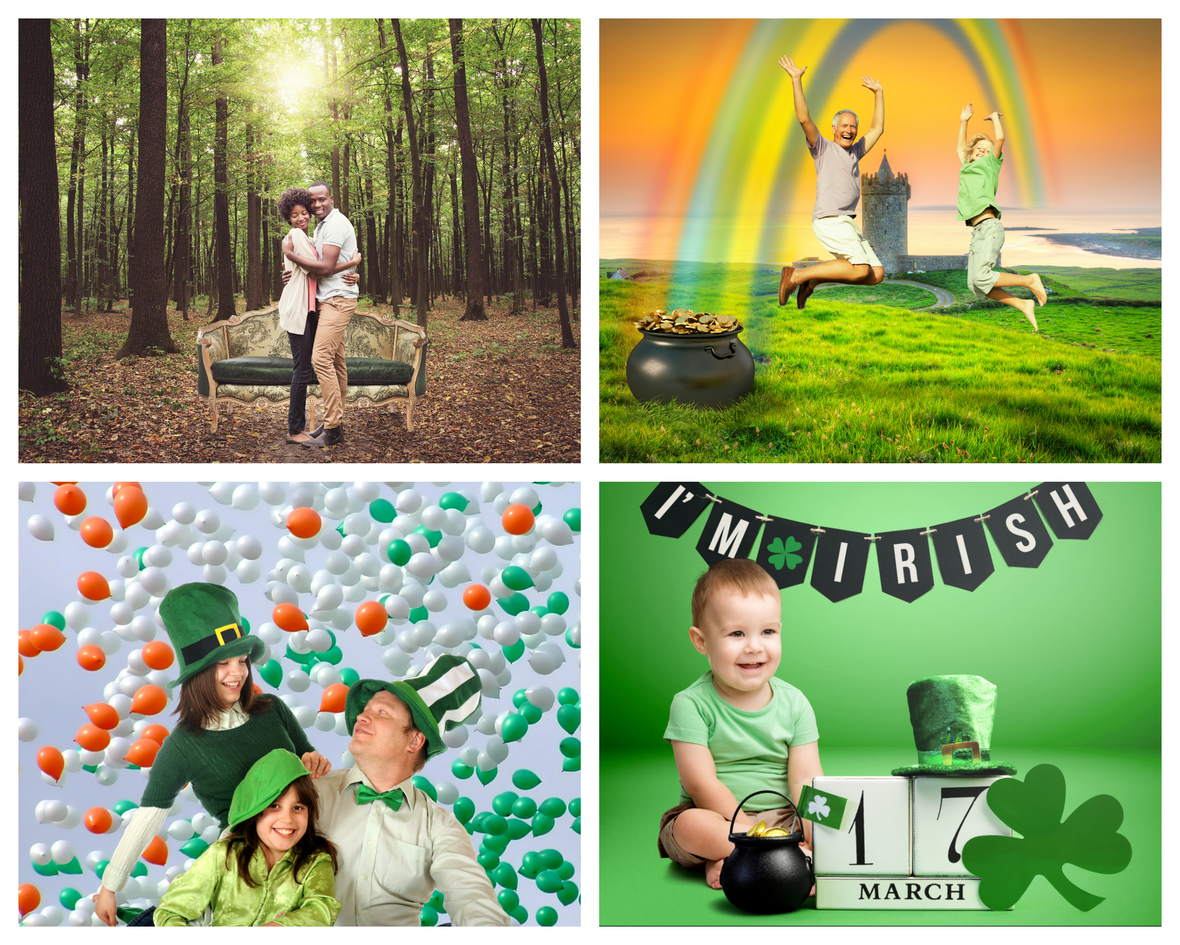 Grid of four images with St Patrick's day theme. A couple in the words, a baby in a St Patricks day photoshoot set, a family with green, white and orange balloons, and a father and son jumping underneath a rainbow