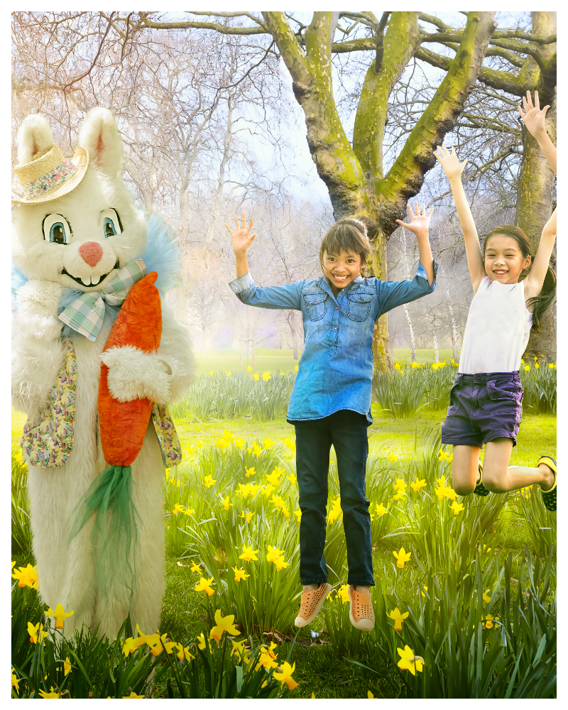 Easter photo of easter bunny in a field with girls