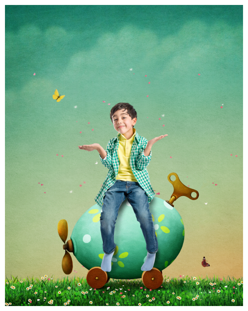 Easter photo of boy sitting on egg car