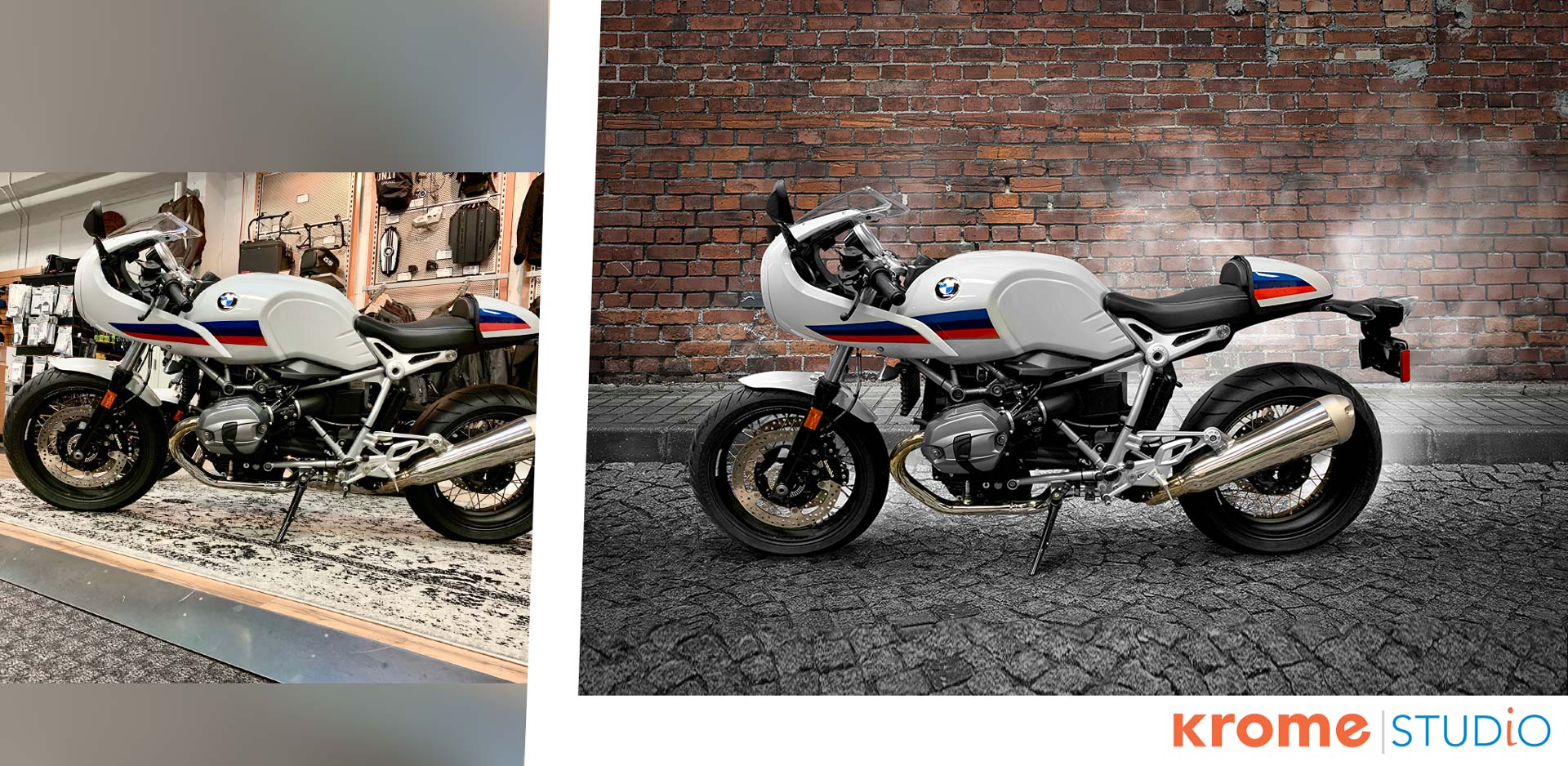 Amazon Product Photo example - before and after image of a motorcycle with a cool background.