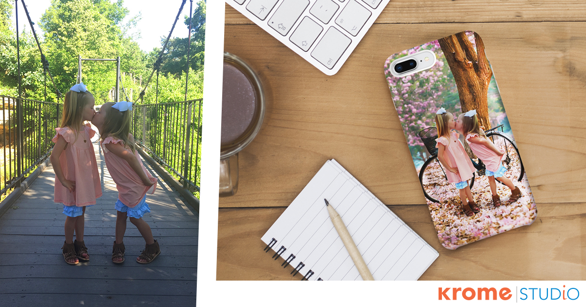 Before and after image of two girls and the image on a phone case on a desk